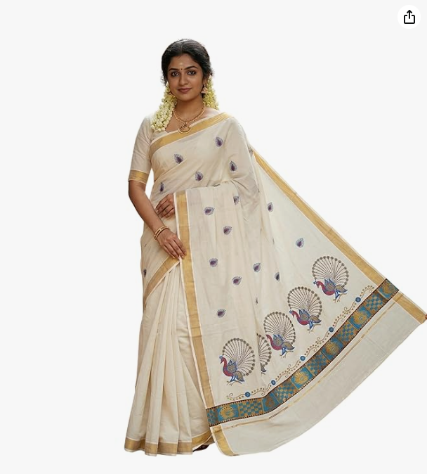 Kerala Pure Cotton Saree with Peacock Woven Work - alternate view