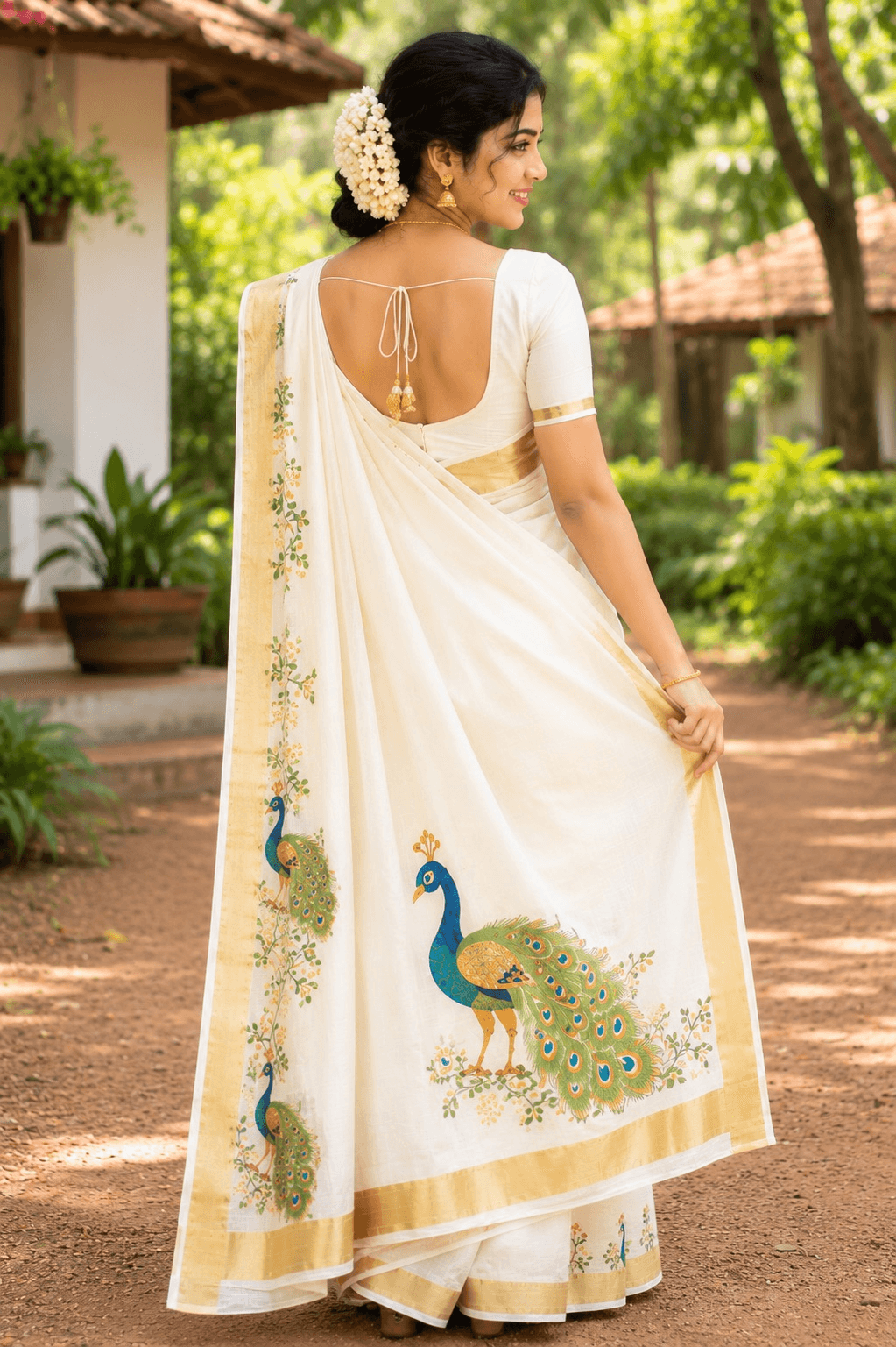 Kerala Tissue Painting Saree - Peacock Design thumbnail 2