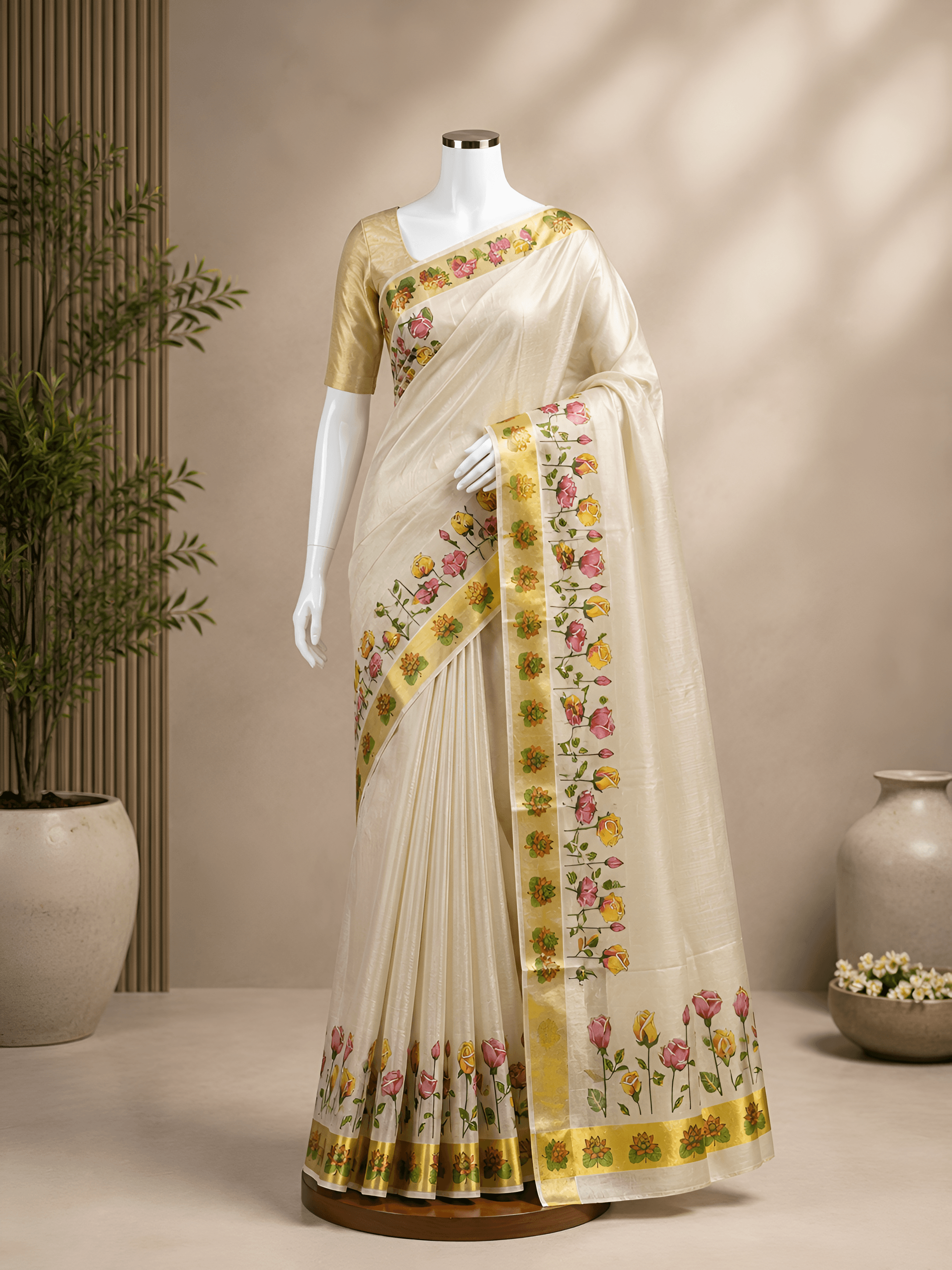 Kerala Tissue painting Saree - Floral Design - Image 1