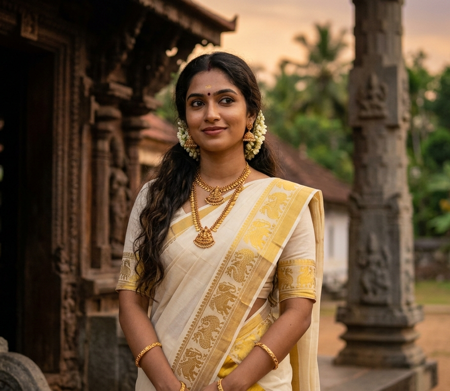 Cotton Set Mundu with Peacock Print and Gold Border