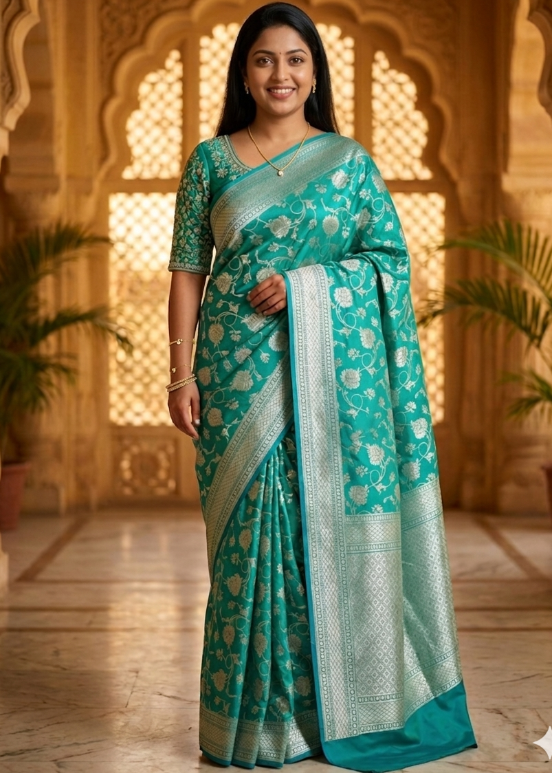 Pure Handloom Bridal Kanchipuram Silk Saree - Green - alternate view