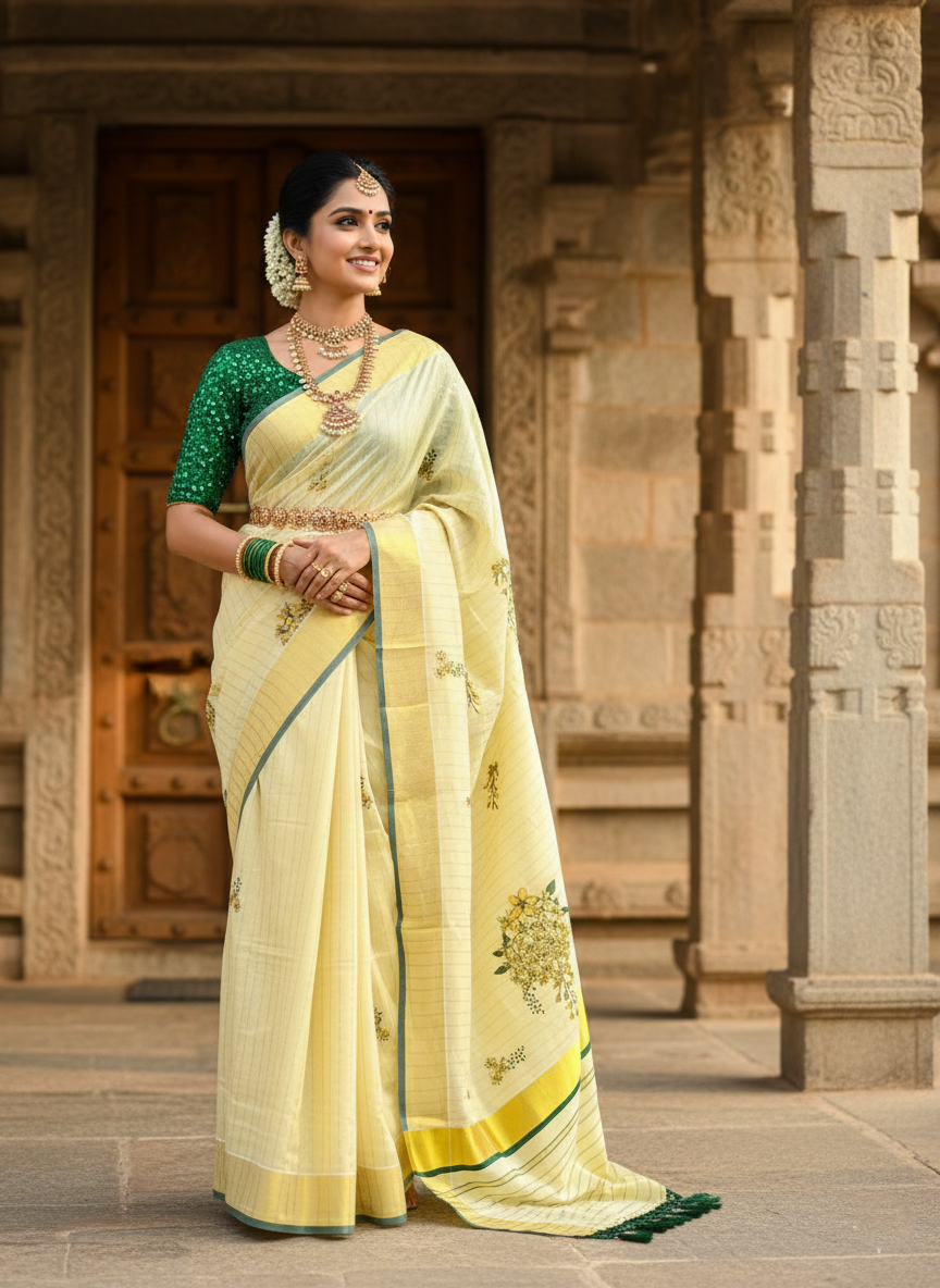 Kerala Cotton Kasavu Saree with Lotus Woven Work