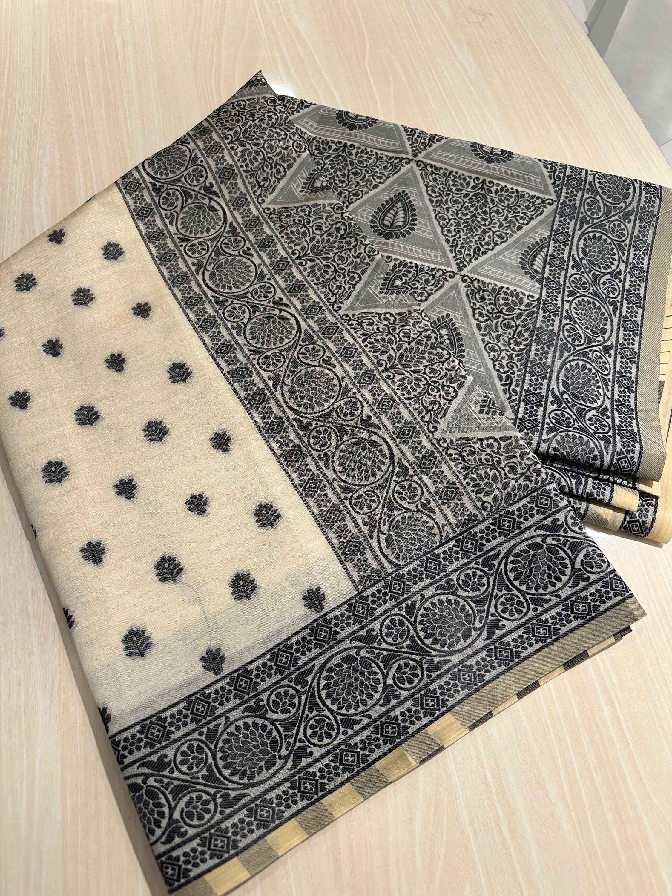 Pure Cotton Kerala Kasavu Saree with Temple Border - alternate view