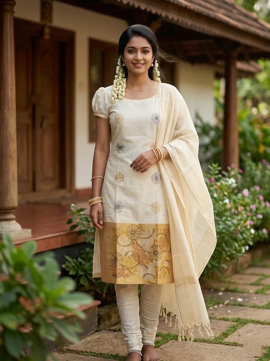 Cotton Churidar Salwar Suit Material with Black Embroidery Work (include Lines Shawl / Dupatta)