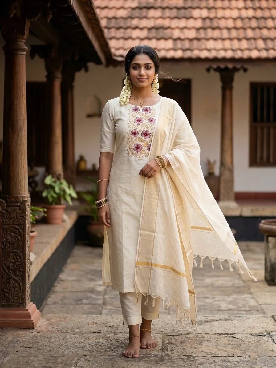 Silk Churidar Salwar Suit Material with Maroon Embroidery Work (include Lines Shawl / Dupatta)