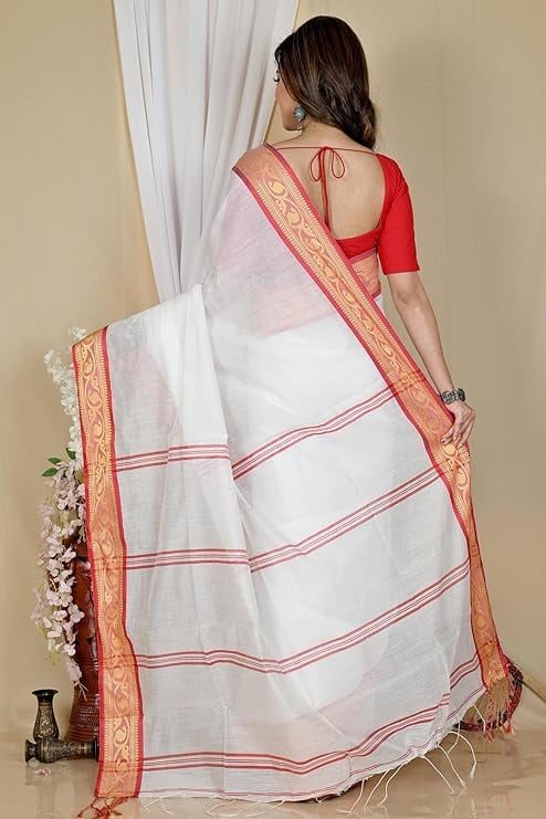 Kerala Cotton Saree - Off White with Red Border thumbnail 3