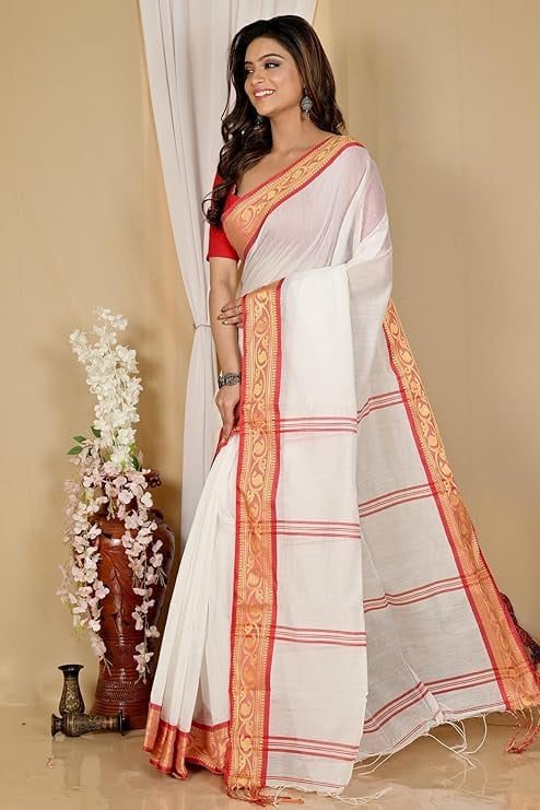 Kerala Cotton Saree - Off White with Red Border - alternate view
