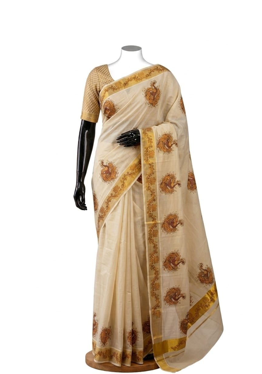Cotton Set Mundu with Peacock Print and Gold Border - alternate view