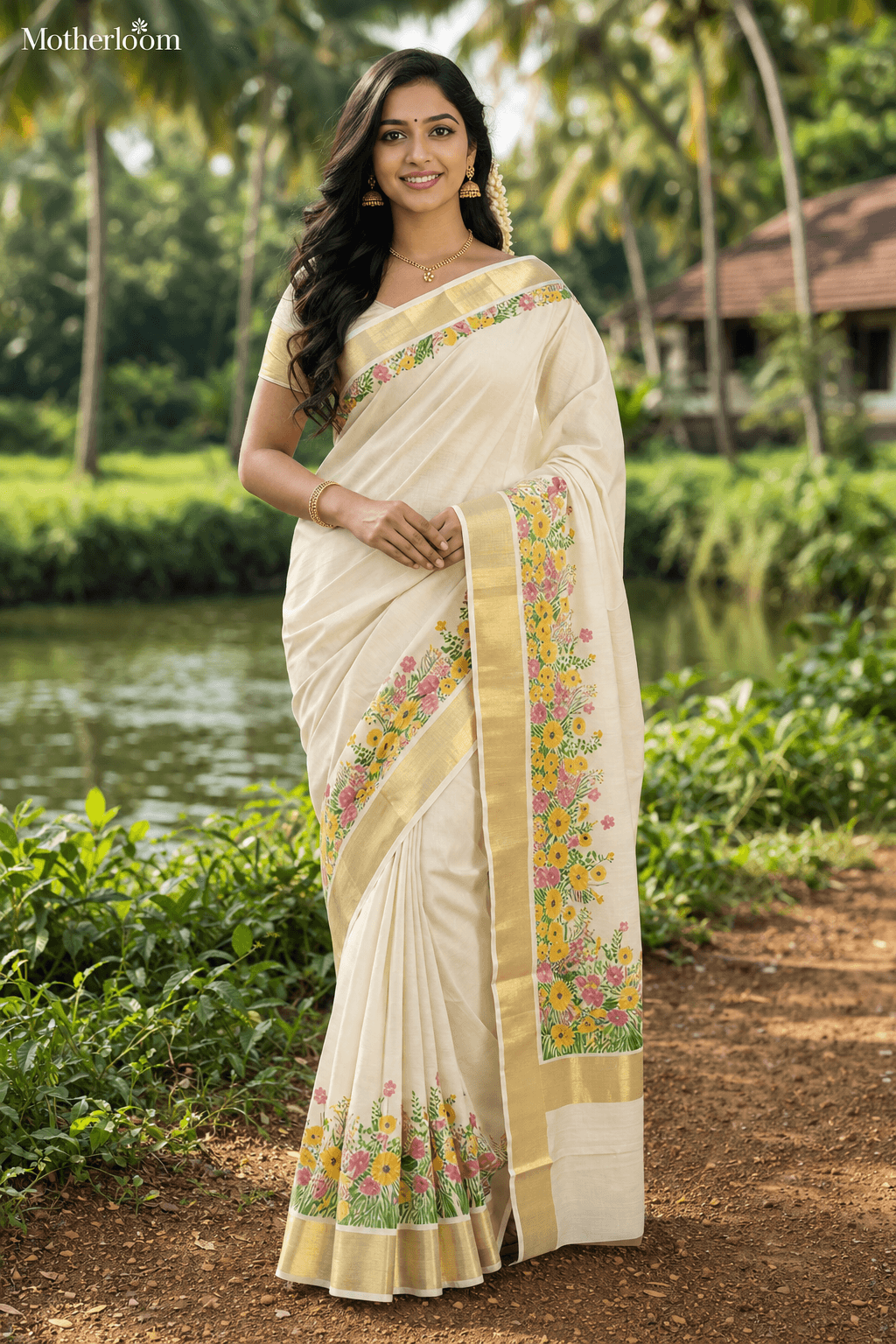 Kerala kasavu saree with floral Design thumbnail 2