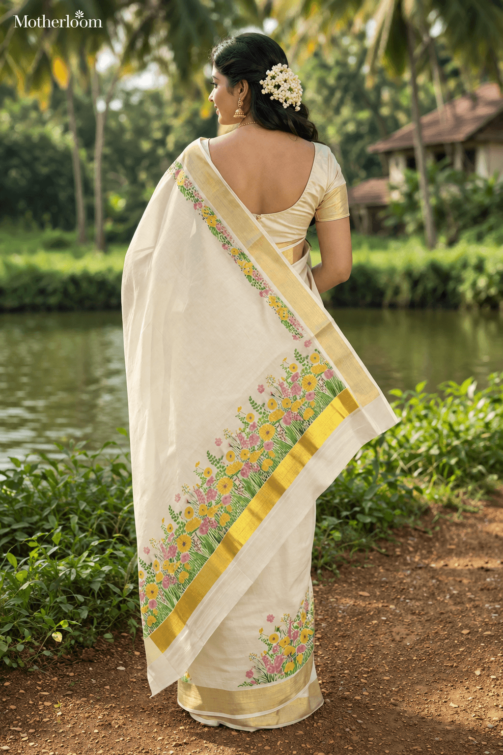 Kerala kasavu saree with floral Design thumbnail 3
