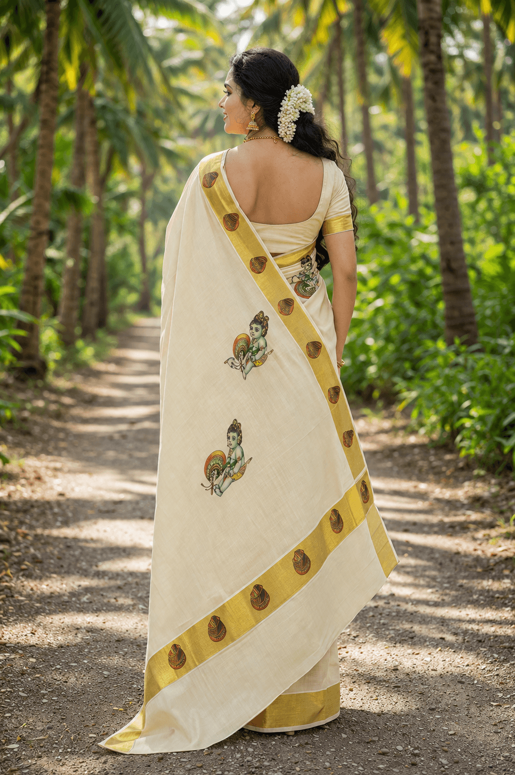 Kerala kasavu saree with baby krishna design thumbnail 2