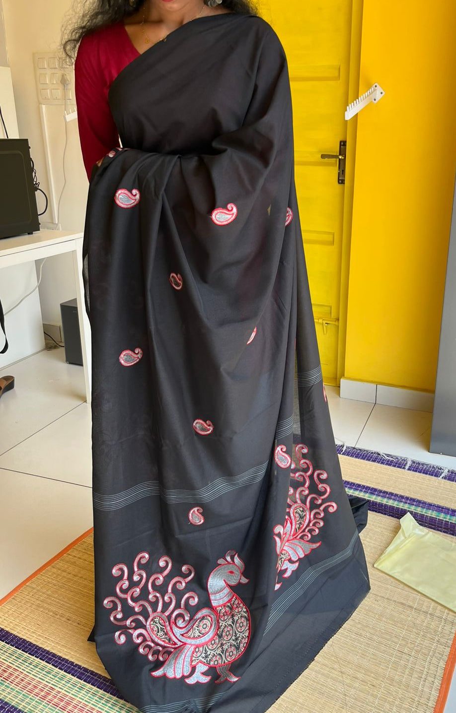 Black Cotton Saree with Peacock Embroidery