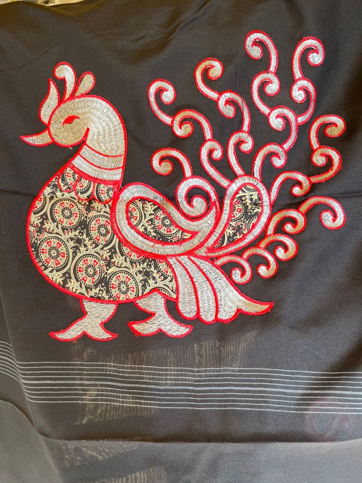 Black Cotton Saree with Peacock Embroidery - alternate view