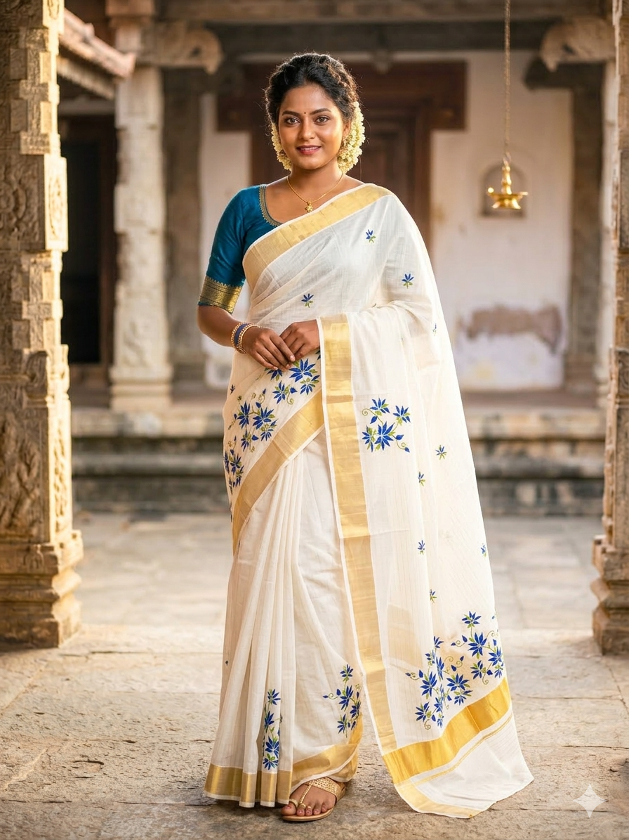 Blue Floral Cotton Kerala Saree