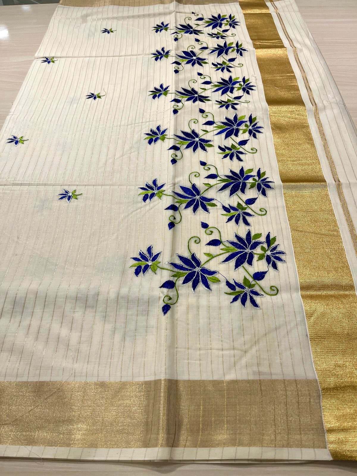 Blue Floral Cotton Kerala Saree - alternate view