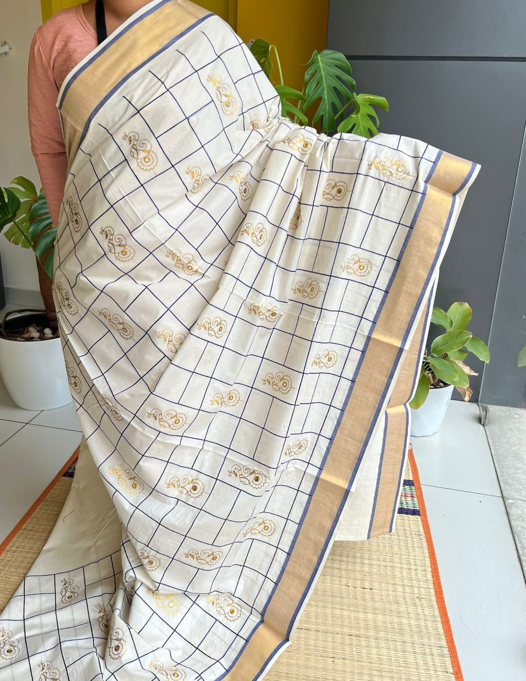 Kerala Kasavu Saree with Mural Art