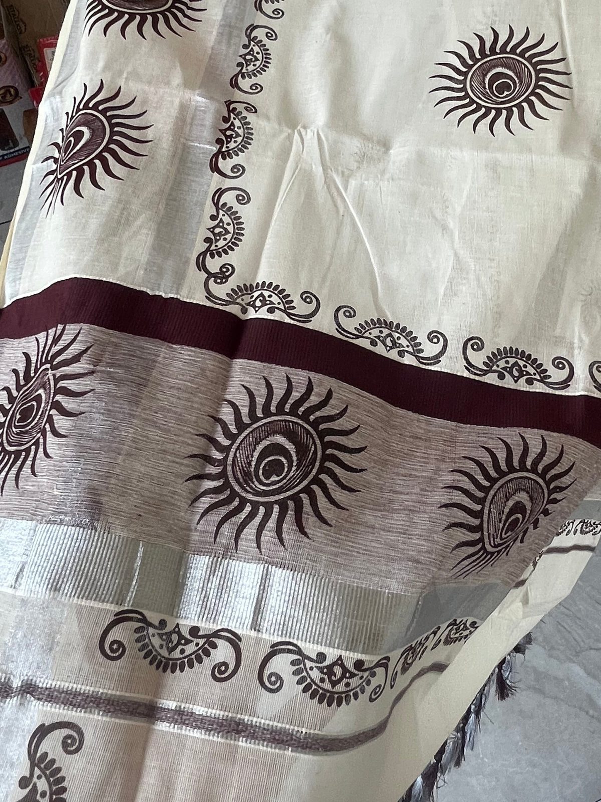 Pure Cotton Kerala Saree with Paisley Border - alternate view