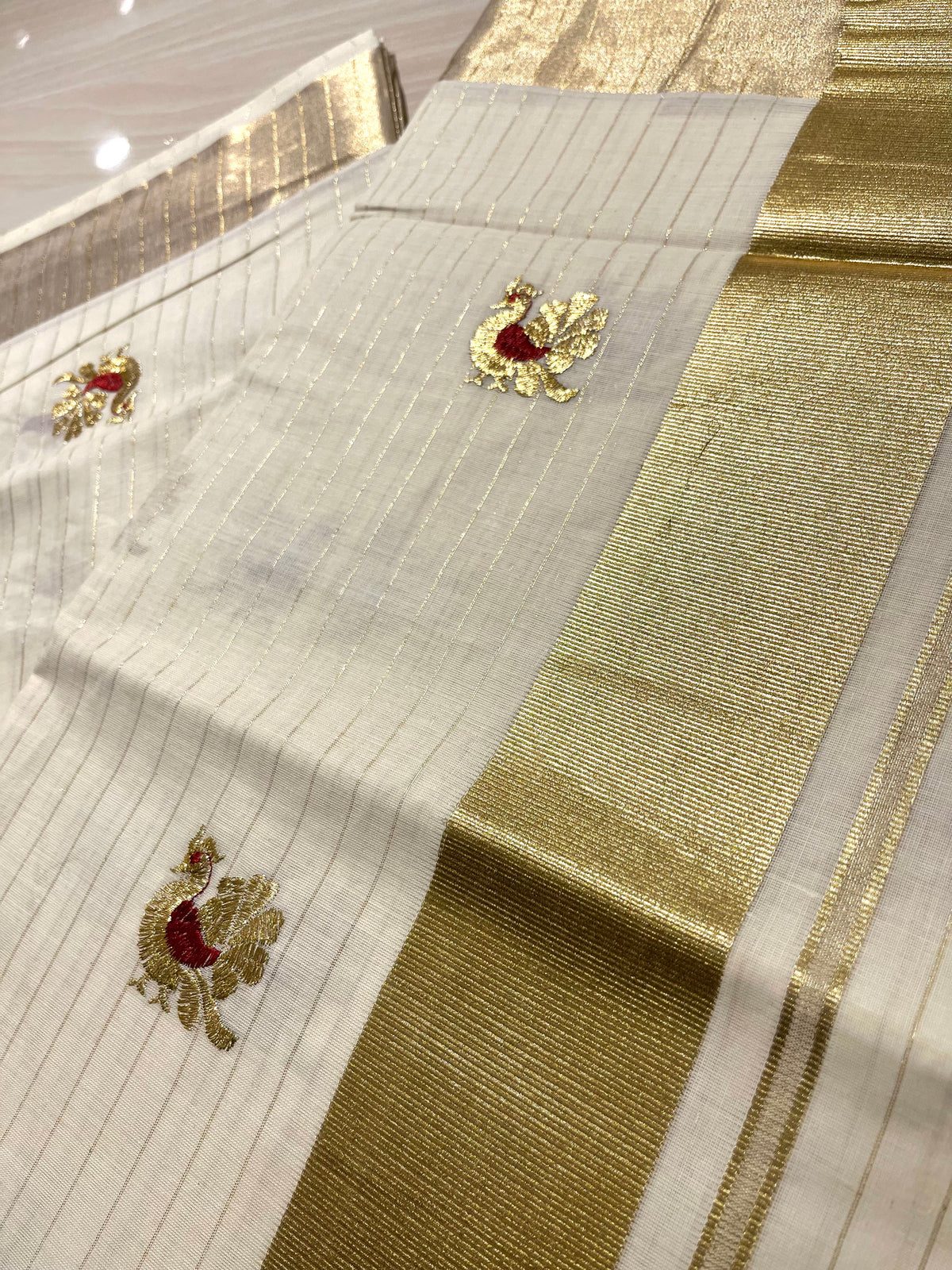 Kerala Cotton Saree with Leaf Embroidery