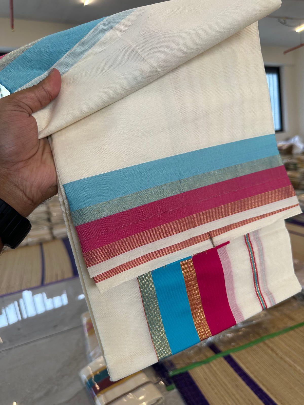 Cotton Double Mundu with Colour Border - Green