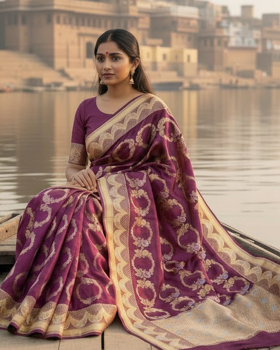 Banarasi Silk Saree - Olive Green with Gold