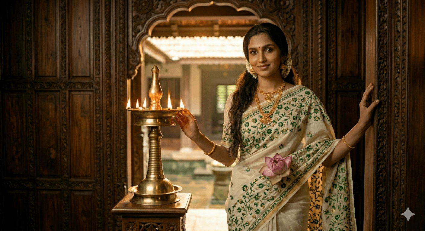 Kerala Tissue Saree with Green Floral Embroidery - alternate view