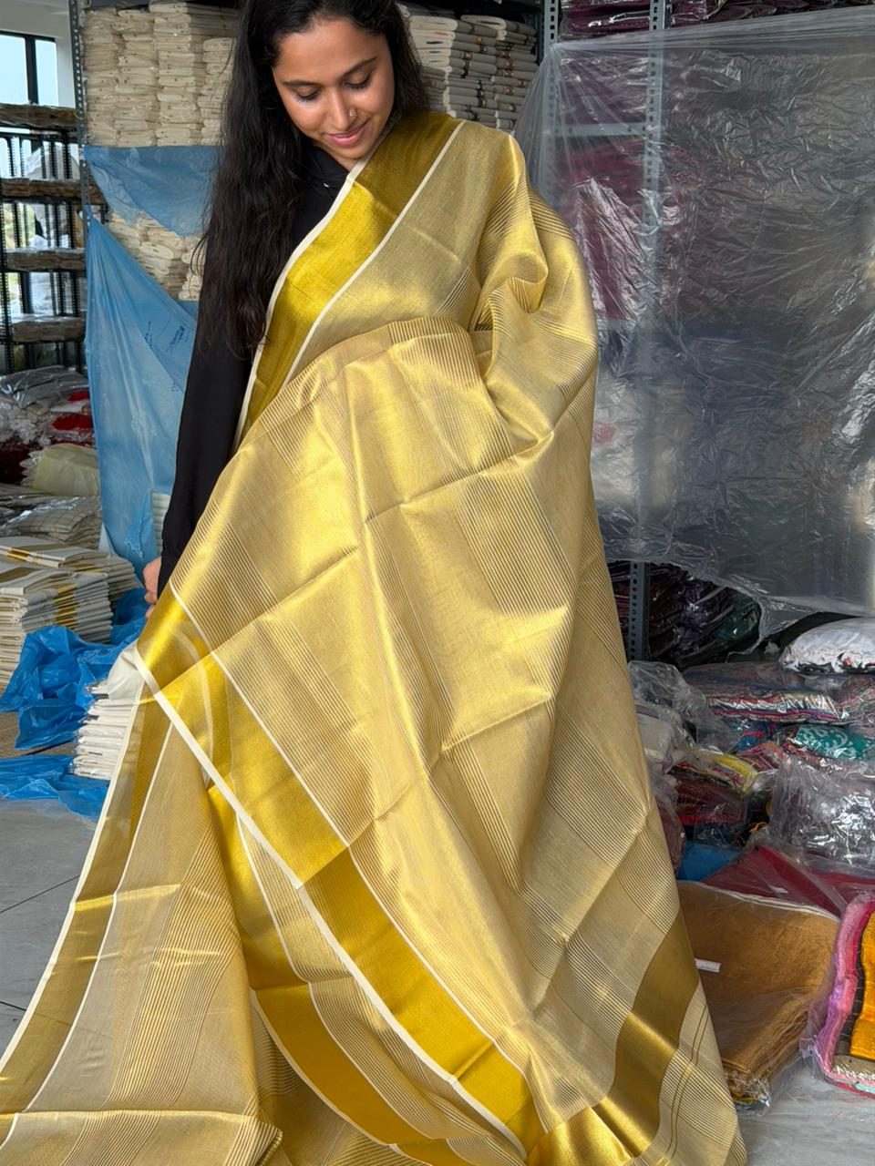 Pure Cotton Kerala Kasavu Saree with Temple Border - alternate view