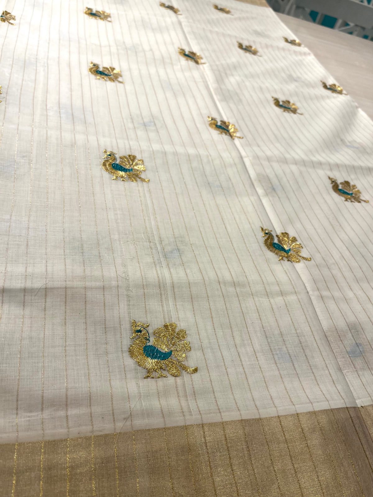 Kerala Cotton Kasavu Saree with Lotus Woven Work