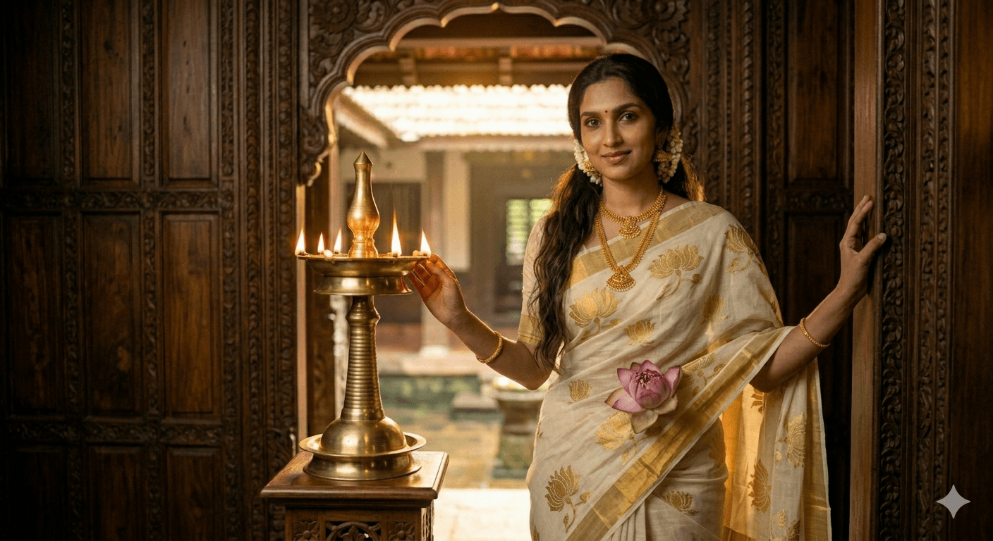 Kerala Cotton Kasavu Saree with Lotus Woven Work - alternate view