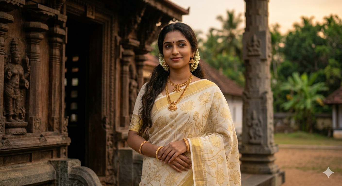 Kerala Cotton Kasavu Saree with Lotus Woven Work thumbnail 3