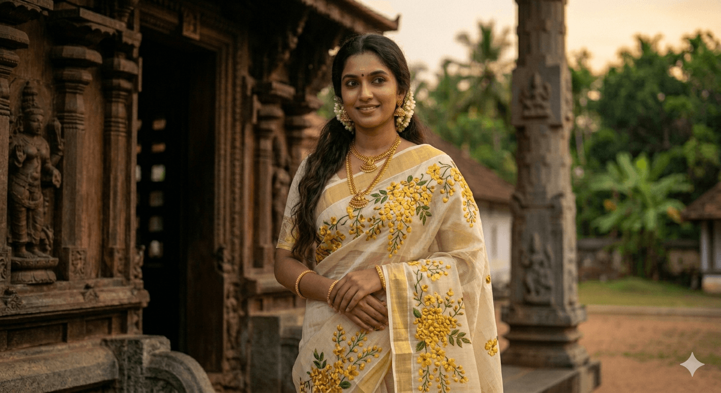 Kerala Tissue Kasavu Saree with Kanikonna Embroidery - alternate view