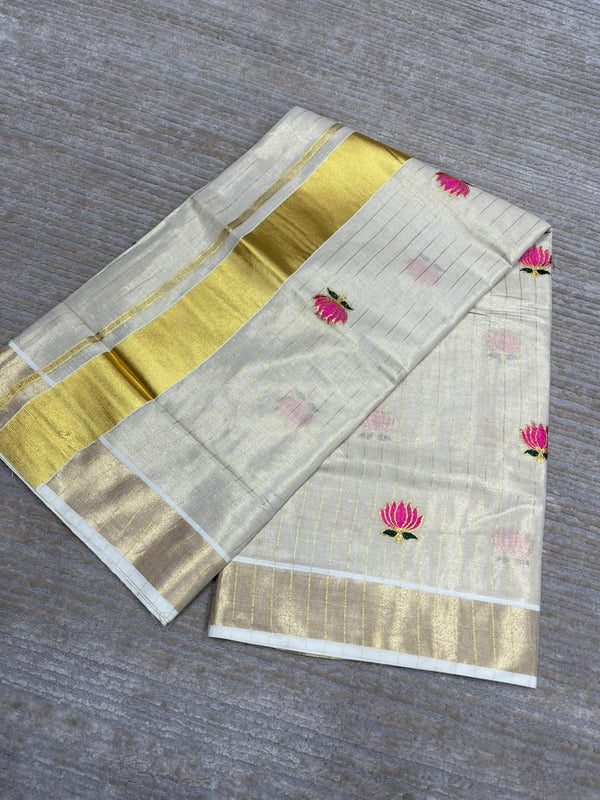 Southloom Lotus Pink and Green Embroidery Tissue Kerala Saree SL289 - alternate view