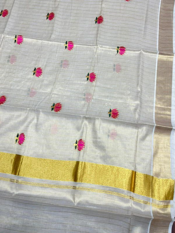 Southloom Lotus Pink and Green Embroidery Tissue Kerala Saree SL289 thumbnail 3