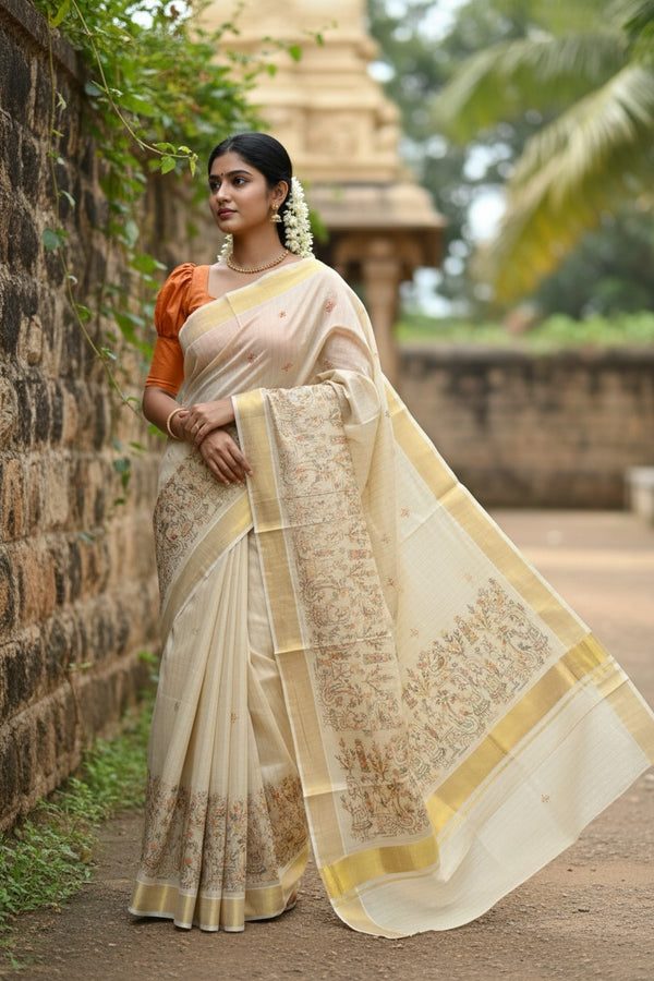 Southloom Tissue Kerala Kasavu Lines Saree with Kantha Embroidery Work on Body