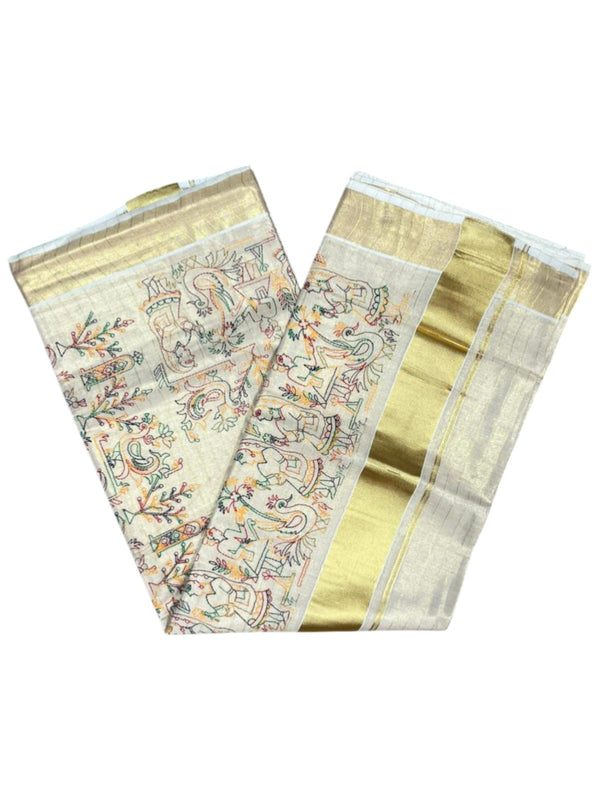 Southloom Tissue Kerala Kasavu Lines Saree with Kantha Embroidery Work on Body - alternate view