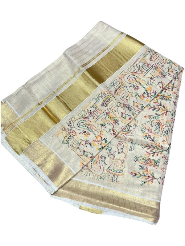 Southloom Tissue Kerala Kasavu Lines Saree with Kantha Embroidery Work on Body thumbnail 3