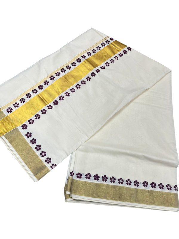 Southloom Cotton Kerala Kasavu Saree with Block Printed Design on Borders and Kara - alternate view