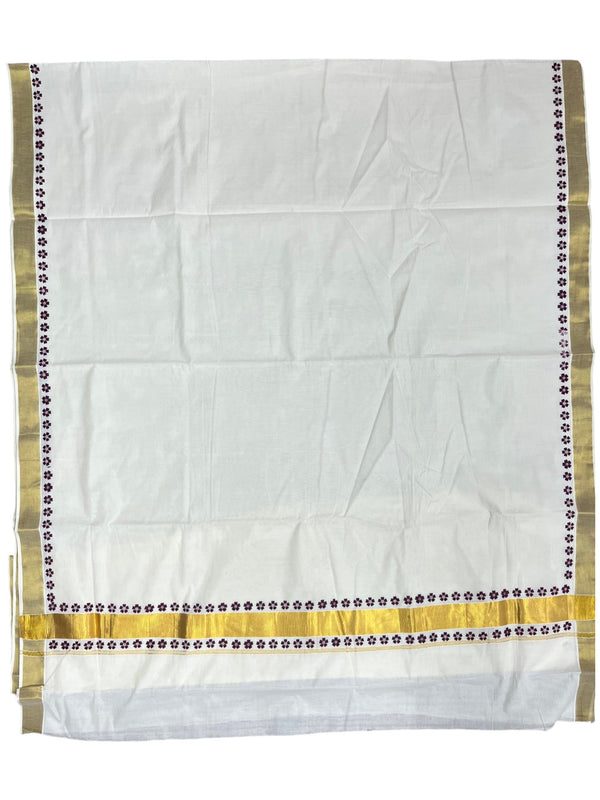 Southloom Cotton Kerala Kasavu Saree with Block Printed Design on Borders and Kara thumbnail 3