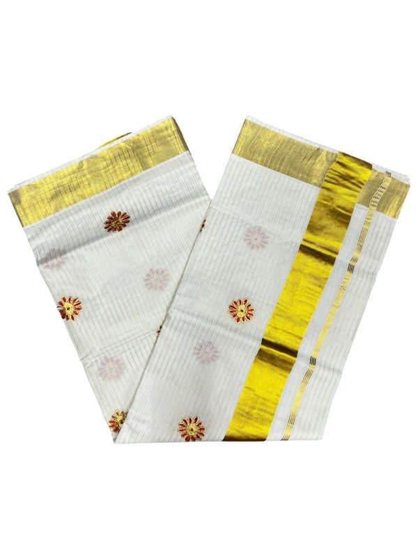 Southloom Cotton Kerala Kasavu Stripes Saree with Floral Embroidery Design in Red - alternate view