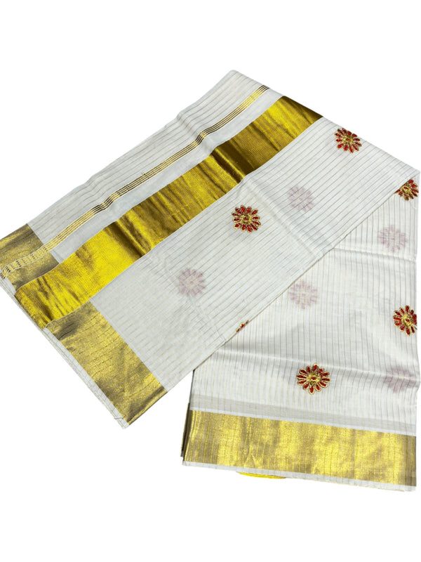 Southloom Cotton Kerala Kasavu Stripes Saree with Floral Embroidery Design in Red thumbnail 3