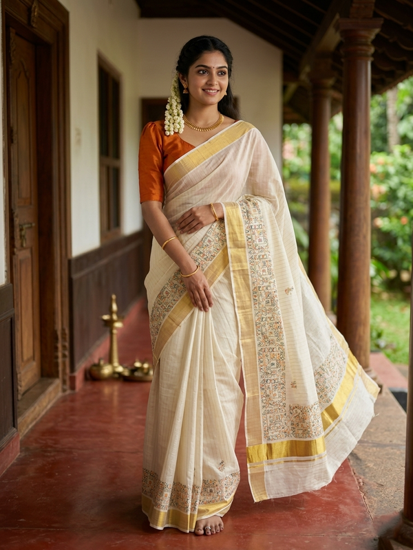 Southloom Cotton Kerala Kasavu Lines Saree with Kantha Embroidery Work on Body