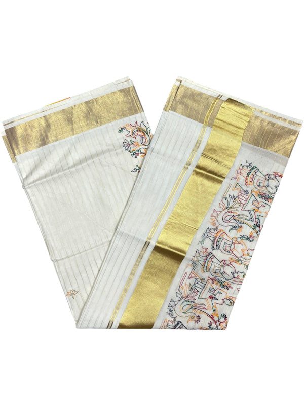 Southloom Cotton Kerala Kasavu Lines Saree with Kantha Embroidery Work on Body - alternate view
