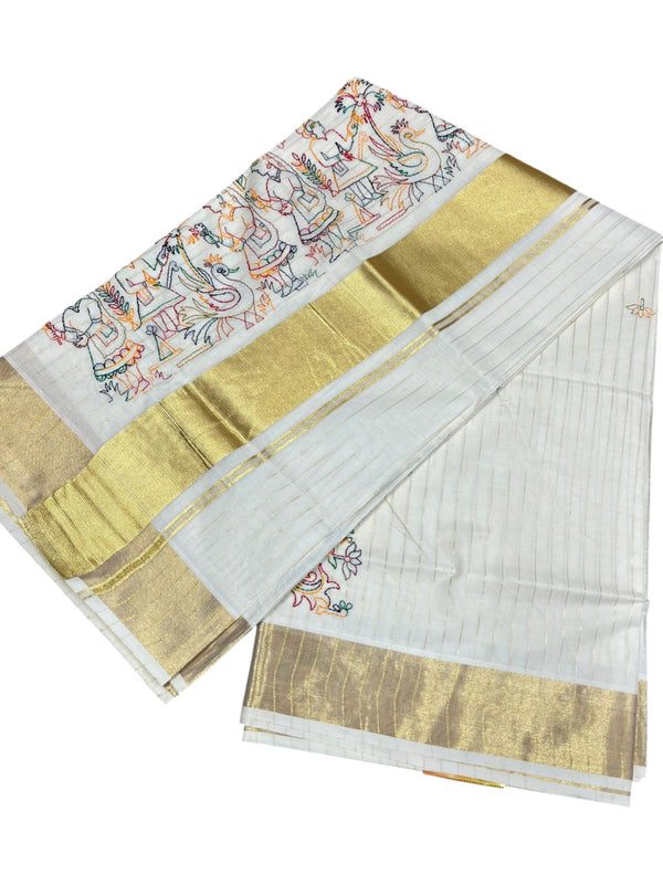 Southloom Cotton Kerala Kasavu Lines Saree with Kantha Embroidery Work on Body thumbnail 3