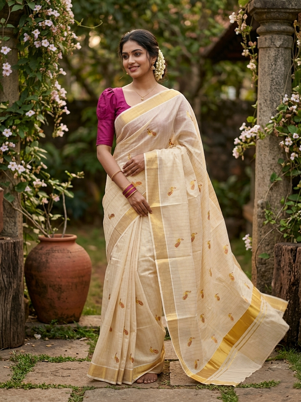 Southloom Tissue Kerala Kasavu Lines Saree with Peacock Embroidery Work on Body in Magenta