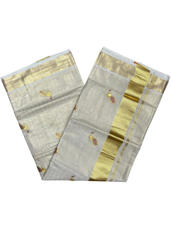Southloom Tissue Kerala Kasavu Lines Saree with Peacock Embroidery Work on Body in Magenta - alternate view