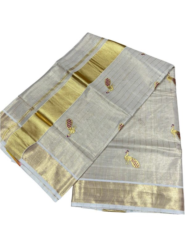 Southloom Tissue Kerala Kasavu Lines Saree with Peacock Embroidery Work on Body in Magenta thumbnail 3