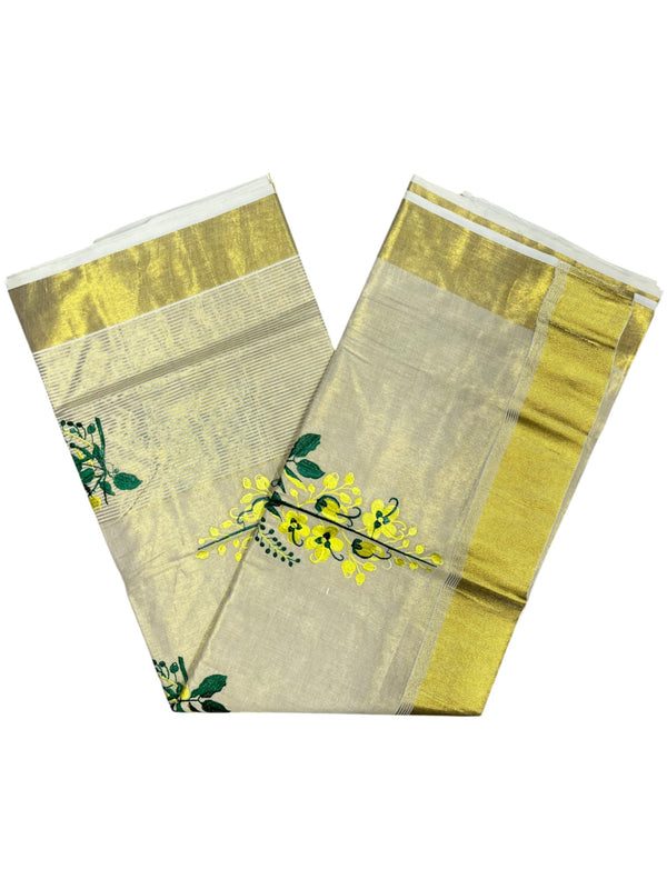 Southloom Tissue Kerala Kasavu Saree with Kanikonna Embroidery Work on Body - alternate view