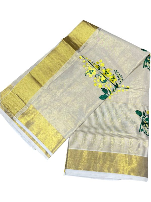 Southloom Tissue Kerala Kasavu Saree with Kanikonna Embroidery Work on Body thumbnail 3