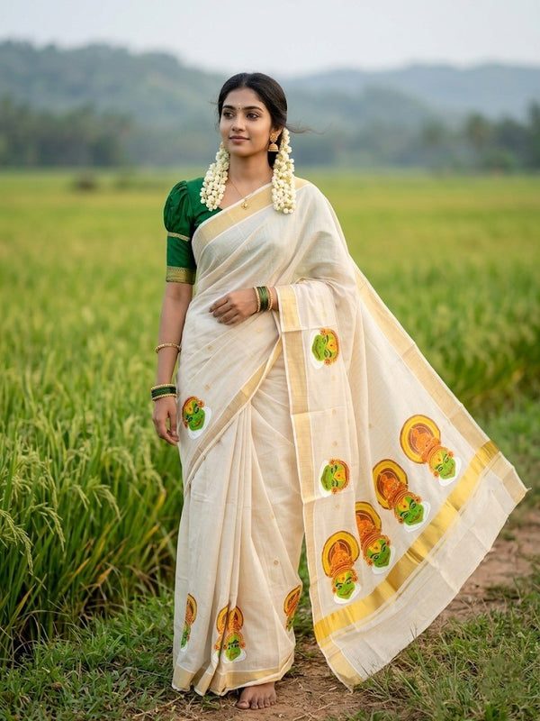Southloom Tissue Kerala Kasavu Lines Saree with Kathakali Embroidery Design
