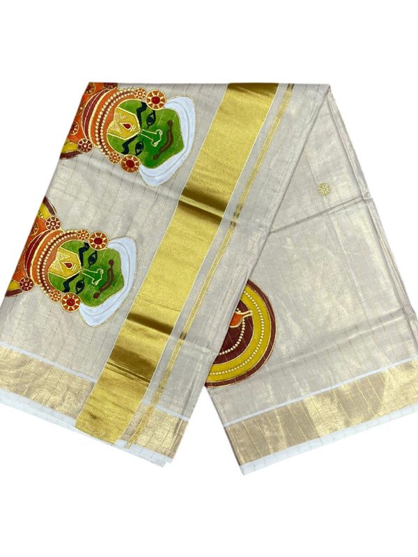Southloom Tissue Kerala Kasavu Lines Saree with Kathakali Embroidery Design thumbnail 3