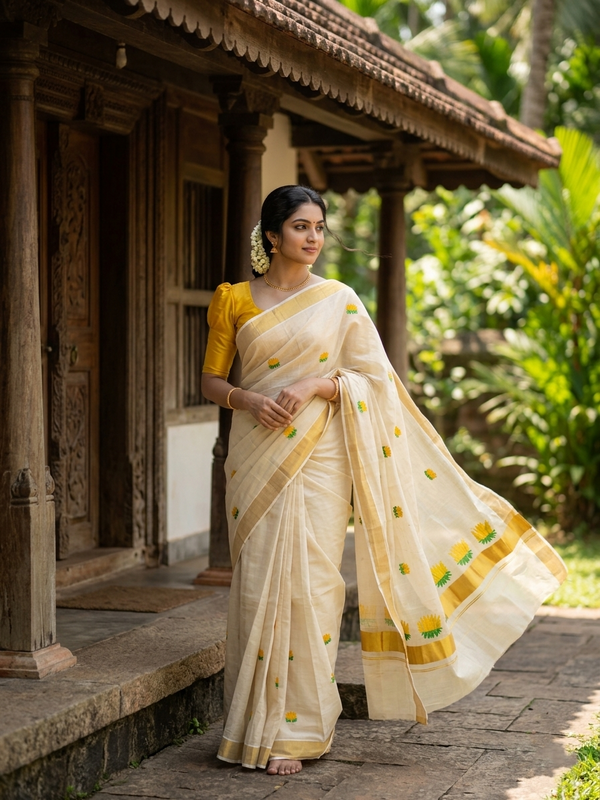 Southloom Tissue Kerala Kasavu Lines Saree with Lotus Embroidery Design in Yellow SL 289